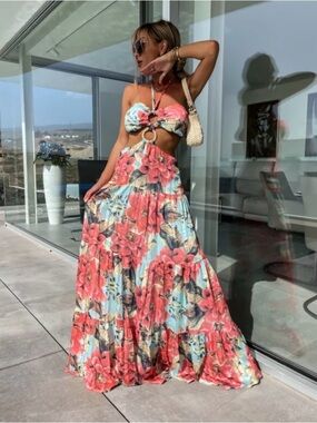 Blithe Los Angeles Coral & Aqua Tropical Maxi Dress